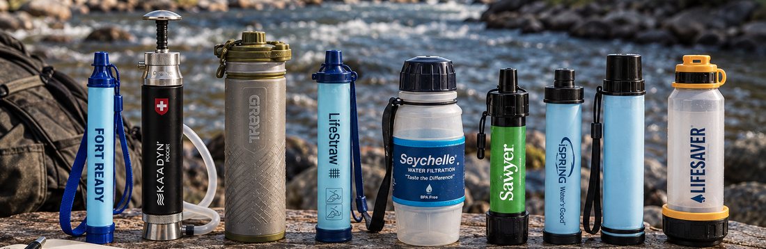 Water filters lined up for side-by-side comparison